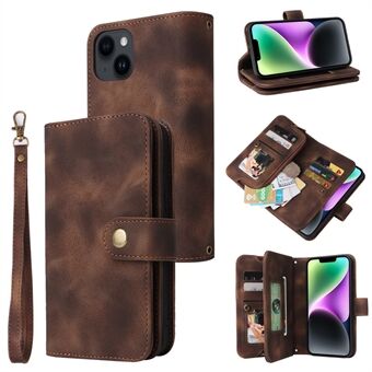 Zipper Pocket Multifunctional Phone Cover for iPhone 14 Plus PU Leather Stand Phone Wallet Case with Straps