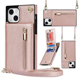 Kickstand Phone Cover for iPhone 14 Plus Leather Coated TPU Zipper Wallet Phone Case with Shoulder Strap