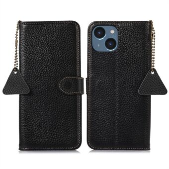 For iPhone 14 Plus RFID Blocking Phone Case Genuine Cow Leather Flip Stand Wallet Cover