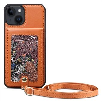 For iPhone 14 Plus Phone Case with Shoulder Strap, Kickstand Card Holder Leather Coated TPU Cover