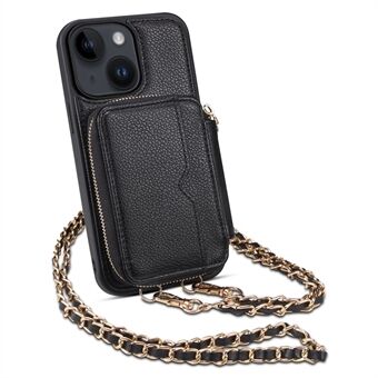 For iPhone 14 Plus Shoulder Strap Phone Bag Cell Phone Cover Kickstand Wallet PU Leather+TPU Phone Case