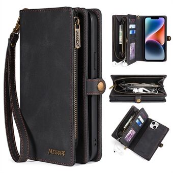 MEGSHI 017 Series For iPhone 14 Plus Magnetic Absorption Zippered Wallet Cover Anti-fall Detachable Leather Case with Handy Strap