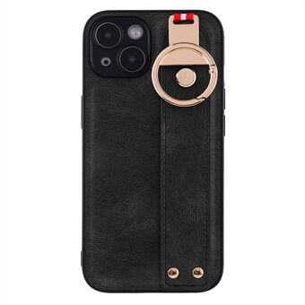 For iPhone 14 Plus Back Cover Wristband Kickstand PU Leather Coated PC+TPU Phone Case with Neck Strap