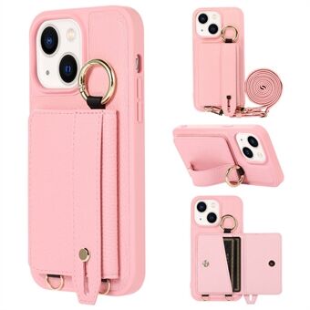 Anti-drop Cover for iPhone 14 Plus Card Holder Hand Strap Leather+TPU Phone Kickstand Case with Shoulder Strap