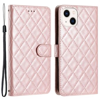 Phone Cover for iPhone 14 Plus , TPU+PU Leather Wallet Shell Flip Stand Stitching Line Rhombus Texture Phone Case