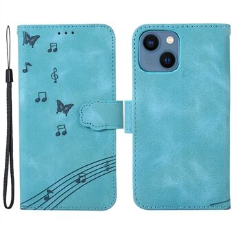 For iPhone 14 Plus PU Leather Phone Case Wallet Stand Cover with Imprinted Musical Notation Pattern