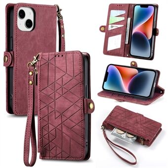 Zipper Pocket Stand Case for iPhone 14 Plus , PU Leather Geometry Imprinted Wallet Phone Cover