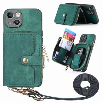 Kickstand Phone Case for iPhone 14 Plus , Zipper Wallet PU Leather+PC+TPU Anti-drop Cover with Lanyard