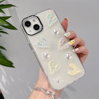 5 Laser Hearts Electroplating Phone Case for For iPhone 14 Plus , Hard Acrylic+TPU Cover with Pearl Decor