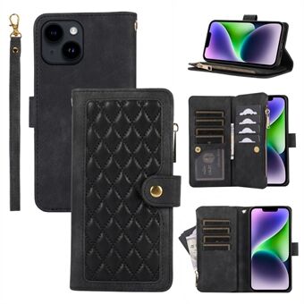 For iPhone 14 Plus Multiple Card Slots Phone Leather Case Rhombus Stand Cover with Zipper Pocket