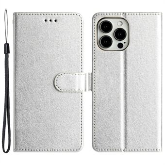 Phone Stand Cover for iPhone 14 Plus Drop Proof PU Leather Silk Texture Wallet Case with Wrist Strap