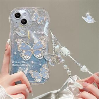 For iPhone 14 Plus Wave Frame Shape TPU Phone Case Butterfly Pattern Gradient Bling Glitter Cover with Chain