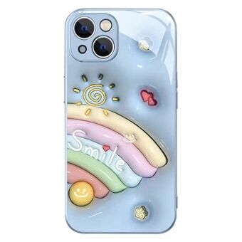 For iPhone 14 Plus Smile Face Rainbow Pattern Phone Case Tempered Glass+TPU Anti-drop Cover