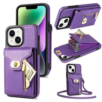 For iPhone 14 Plus Card Slots PU Leather Coated TPU Case Zipper Pocket Phone Cover with Kickstand