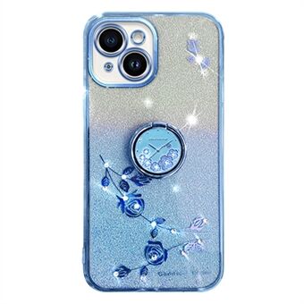 For iPhone 14 Plus Glitter Flower Pattern Cellphone Case with Ring Kickstand TPU Cover