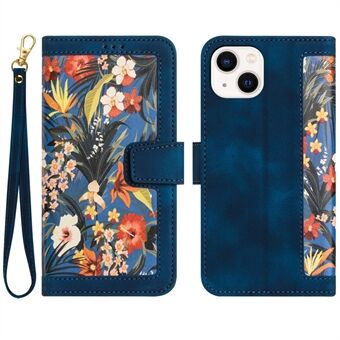 PU Leather Phone Stand Case for iPhone 14 Plus , Card Holder Flower Pattern Printing Phone Cover