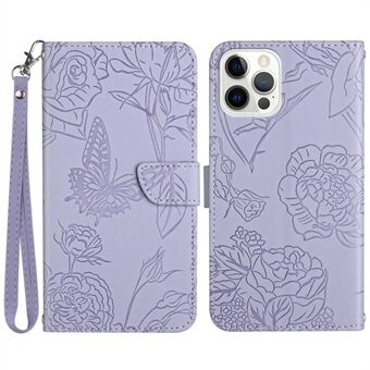 Butterfly Flowers Imprinted Leather Case for iPhone 14 Pro Max 6.7 inch, Stand Wallet Anti-drop Protection Phone Cover with Handy Strap