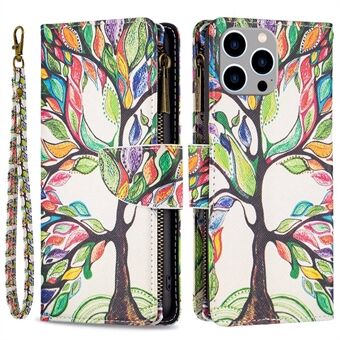 BF Pattern Printing Leather Series-4 Zipper Pocket Case for iPhone 14 Pro Max 6.7 inch, 03 Style Foldable Stand PU Leather Wallet Magnetic Closure Phone Cover