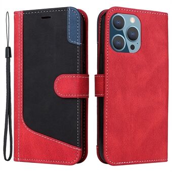 Tri-color Splicing Stand Wallet Case for iPhone 14 Pro Max 6.7 inch, PU Leather + TPU Phone Shell with Strap