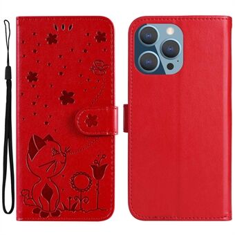 KT Imprinting Flower Series-4 Phone Cover for iPhone 14 Pro Max 6.7 inch Imprinted Cat and Bee Pattern PU Leather Drop-proof Flip Case Stand with Strap