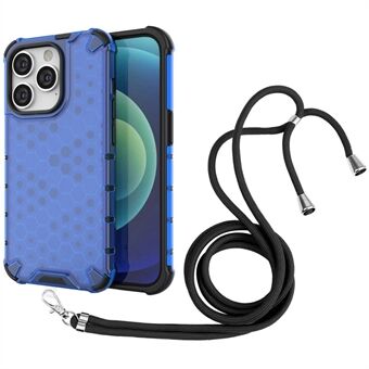 For iPhone 14 Pro Max 6.7 inch Honeycomb Textured Fingerprint Resistant Case Hard PC Soft TPU Scratch Resistant Phone Cover with Lanyard