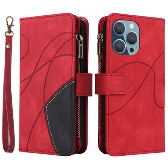 For iPhone 14 Pro Max 6.7 inch Color Splicing PU Leather Phone Cover 9-Card Design Anti-drop Flip Zipper Wallet Phone Case with Wrist Strap