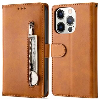 For iPhone 14 Pro Max 6.7 inch Anti-drop Phone Wallet Case Zipper Pocket Textured PU Leather + TPU Protective Cover with Viewing Stand