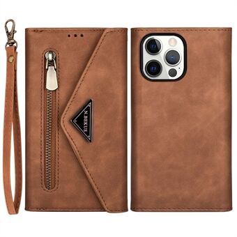 For iPhone 14 Pro Max 6.7 inch Shock Absorption Phone Case PU Leather Skin-touch Feeling Zipper Wallet Stand Cover with Short + Long Strap