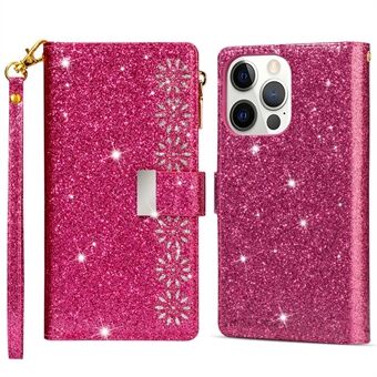 For iPhone 14 Pro Max 6.7 inch Flip Cover, Fall Proof Laser Carving Glittery Starry Style Zipper Wallet Stand Leather Phone Case with Strap