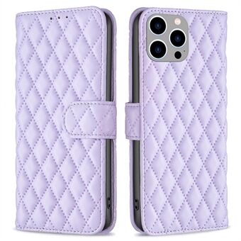 BINFEN COLOR For iPhone 14 Pro Max 6.7 inch BF Style-14 Matte PU Leather Imprinted Rhombus Pattern Case Stand Wallet Cellphone Guard Cover