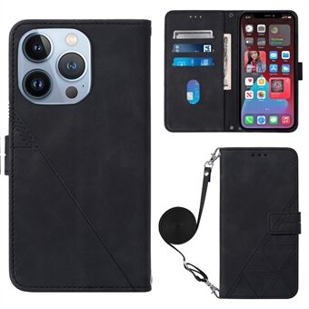 For iPhone 14 Pro Max 6.7 inch YB Imprinting Series-2 Business Style Imprinted Lines Leather Stand Wallet Phone Case with Shoulder Strap