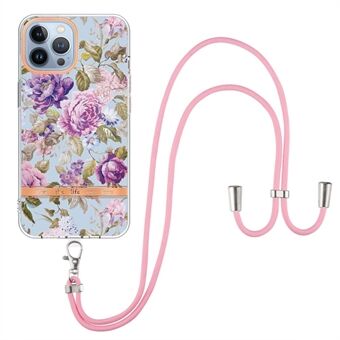 YB IMD-11 Series for iPhone 14 Pro Max 6.7 inch Anti-fall Flower Pattern Fashionable Electroplating Phone Cover IMD TPU Case with Lanyard