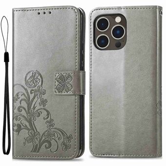 For iPhone 14 Pro Max 6.7 inch Shockproof Phone Flip Wallet Case Stand Four-leaf Clover Pattern Imprinted Cell Phone Cover with Strap