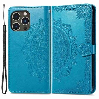 For iPhone 14 Pro Max 6.7 inch PU Leather Wallet Case Embossed Mandala Pattern Stand Magnetic Protective Cover with Strap