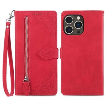 For iPhone 14 Pro Max 6.7 inch Shockproof Phone Case Zipper Pocket Imprinted Wallet Flip Leather Cover Foldable Stand