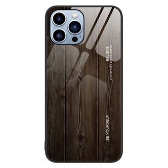 For iPhone 14 Pro Max 6.7 inch Wood Texture Slim Phone Case Tempered Glass Back TPU Frame Protective Cover