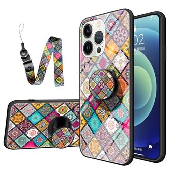 For iPhone 14 Pro Max 6.7 inch Anti-shock Flower Pattern Tempered Glass + Hard PC Mobile Phone Case Soft TPU Kickstand Protector with Lanyard