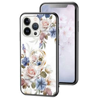 For iPhone 14 Pro Max 6.7 inch Flower Pattern Printing Phone Case TPU + PC + Tempered Glass Cover with Ring Kickstand