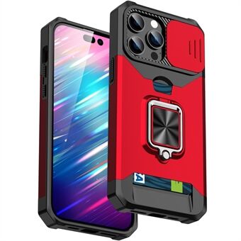 For iPhone 14 Pro Max 6.7 inch Slide Camera Lens Cover Card Slot Feature Case Kickstand Design Hard PC Soft TPU Hybrid Protective Phone Cover