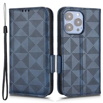 For iPhone 14 Pro Max 6.7 inch Triangle Pattern Imprinted Wallet Phone Case Anti-shock PU Leather Stand Flip Shell with Strap