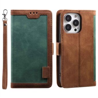 For iPhone 14 Pro Max 6.7 inch Retro Well-protected Phone Cover Stand Skin-touch Color Splicing PU Leather Wallet Flip Case with Handy Strap