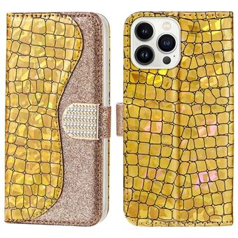 For iPhone 14 Pro Max 6.7 inch Sparkly Glitter Splicing Drop-proof Cover Crocodile Texture Stand Function PU Leather Wallet Shell