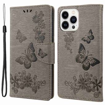 For iPhone 14 Pro Max 6.7 inch Supporting Stand PU Leather Imprinting Big Butterflies Flower Pattern Phone Cover Wallet Phone Case with Strap