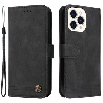 For iPhone 14 Pro Max 6.7 inch Tree Pattern Hardware Decor Phone Drop-proof Case Lines Imprinted PU Leather Skin-touch Wallet Stand Cover with Strap