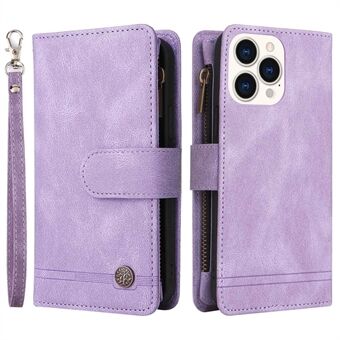 For iPhone 14 Pro Max 6.7 inch Tree Pattern Hardware Stripes Imprinted Skin-touch Wallet Stand Leather Cover Zipper Pocket Protective Case