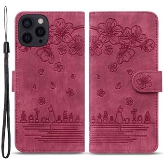 For iPhone 14 Pro Max 6.7 inch Cherry Blossom Cat Imprinted Phone Case Leather Wallet Stand Cover with Strap