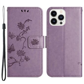 For iPhone 14 Pro Max 6.7 inch Shockproof Butterfly Flower Imprinted Phone Case PU Leather Stand Wallet Phone Cover with Strap