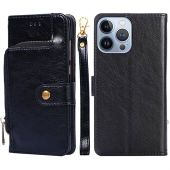 For iPhone 14 Pro Max 6.7 inch Anti-fall Phone Case Zipper Pocket PU Leather Flip Phone Wallet Cover Stand with Strap