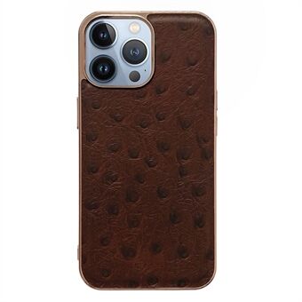 For iPhone 14 Pro Max 6.7 inch Nano Electroplating Back Cover Phone Case Ostrich Pattern PC + TPU + Genuine Leather Anti-wear Phone Shell