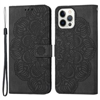 For iPhone 14 Pro Max 6.7 inch Imprinted Mandala Flower PU Leather Phone Case Wallet Stand Magnetic Protective Cover with Wrist Strap